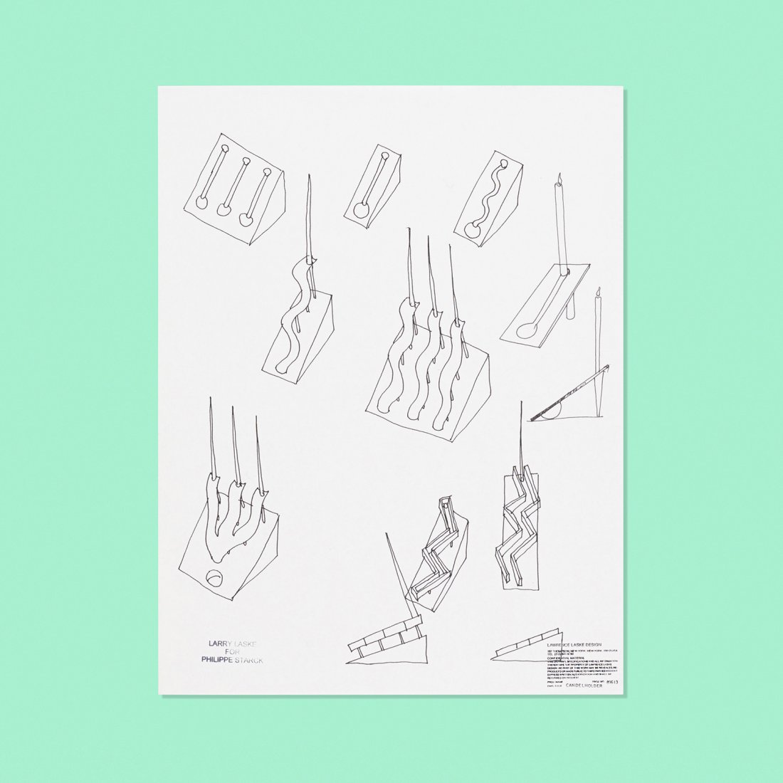 Lawrence Laske and Philippe Starck drawings: Lawrence Laske and Philippe Starck collection of four candleholder drawings for Philippe Starck USA/France, 1989 ink on paper 11 h x 8.5 w inches This lot contains three full-scale renderings and one 