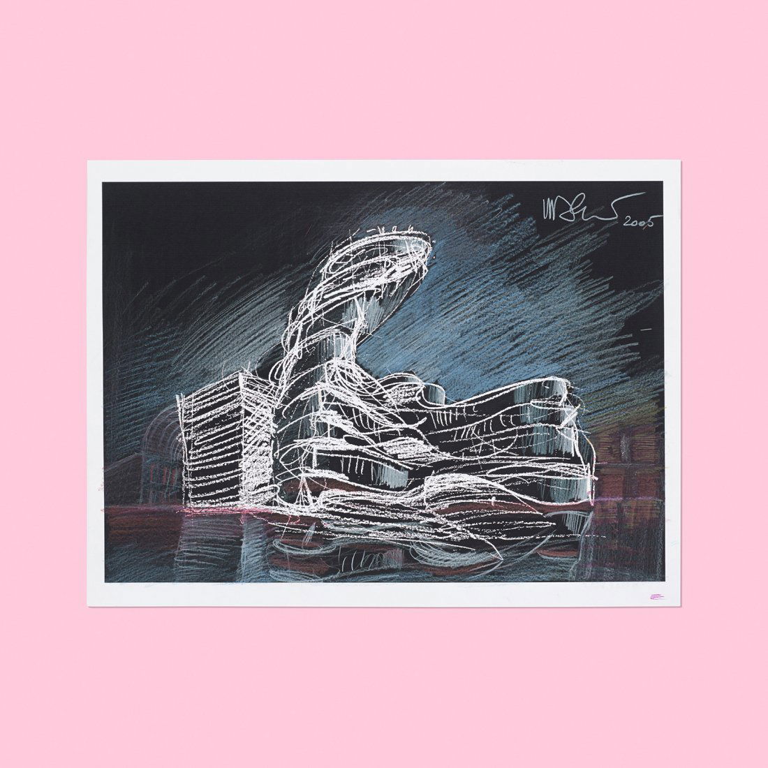 Mario Bellini drawing of the Turin Cultural Center: Mario Bellini drawing of the Turin Cultural Center Italy, 2005 oil pastel on paper 13.25 h x 14.5 w inches Signed and dated to upper right: [M Bellini 2005]. Provenance: Donated by the artist to benef