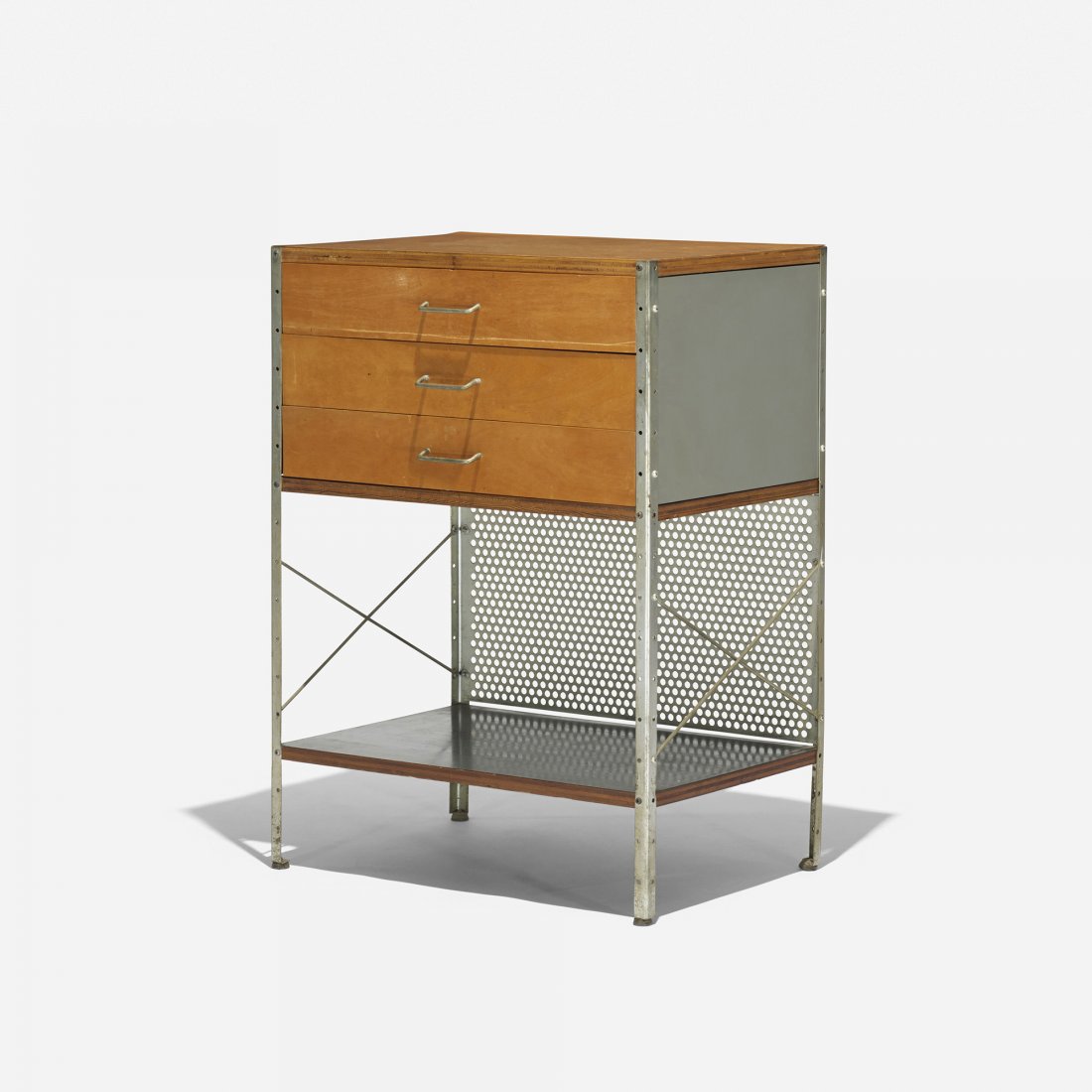 Charles and Ray Eames ESU 270-N: Charles and Ray Eames ESU 270-N Herman Miller USA, 1950 birch, masonite, steel, zinc-plated steel, laminate 24 w x 16.5 d x 32.5 h inches Signed with foil decal manufacturer's label to drawer: [Herman
