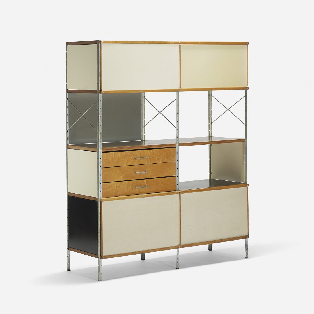 Charles and Ray Eames ESU 420-N: Charles and Ray Eames ESU 420-N Herman Miller USA, 1950 birch, masonite, zinc-plated steel, fiberglass, laminate 47 w x 16.5 d x 59 h inches Signed with applied manufacturer's label to drawer: [Herman