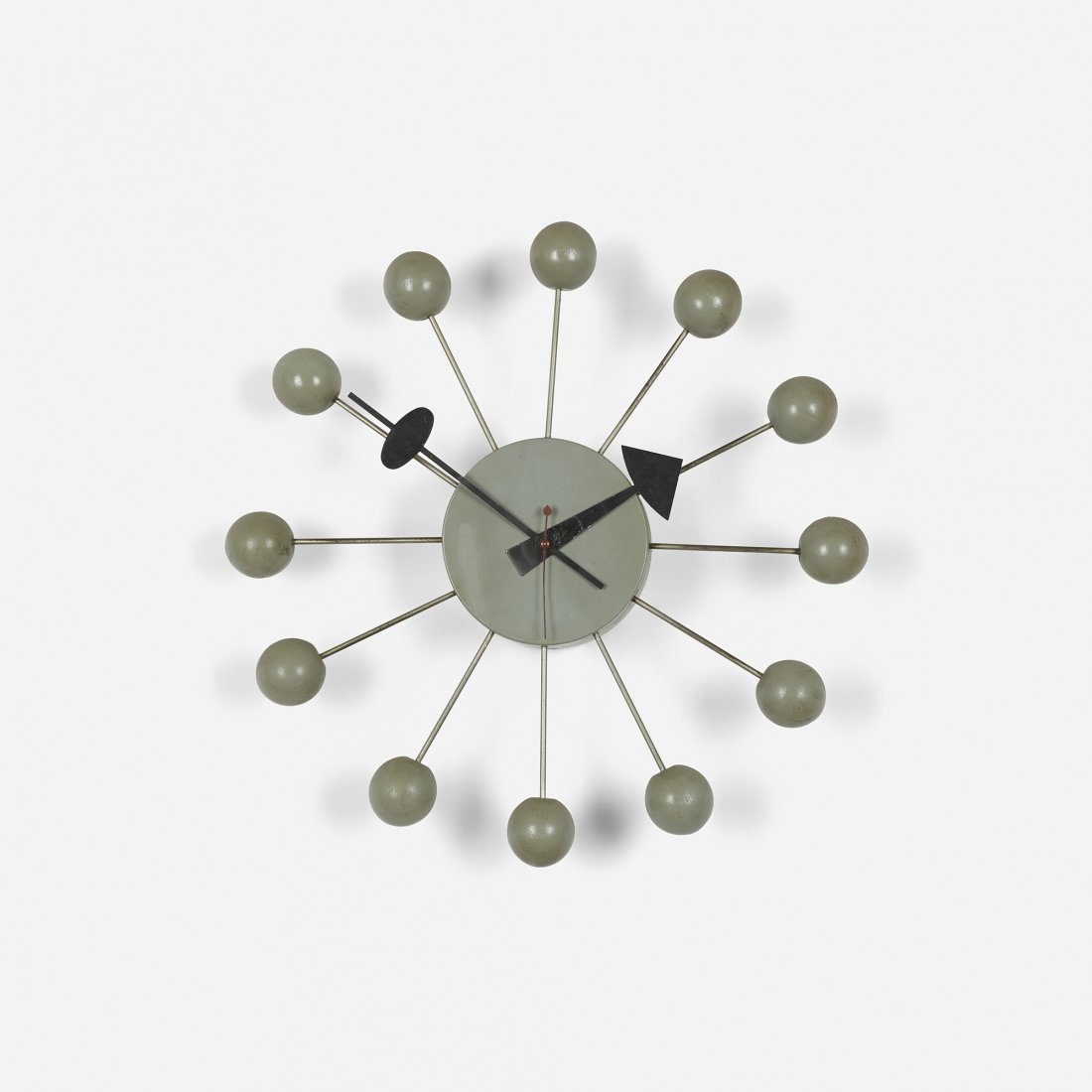 George Nelson & Associates Ball wall clock, model 4755: George Nelson & Associates Ball wall clock, model 4755 Howard Miller Clock Company USA, 1949 lacquered wood, enameled steel, enameled brass, enameled aluminum 13.5 dia x 72 h inches Signed with applie