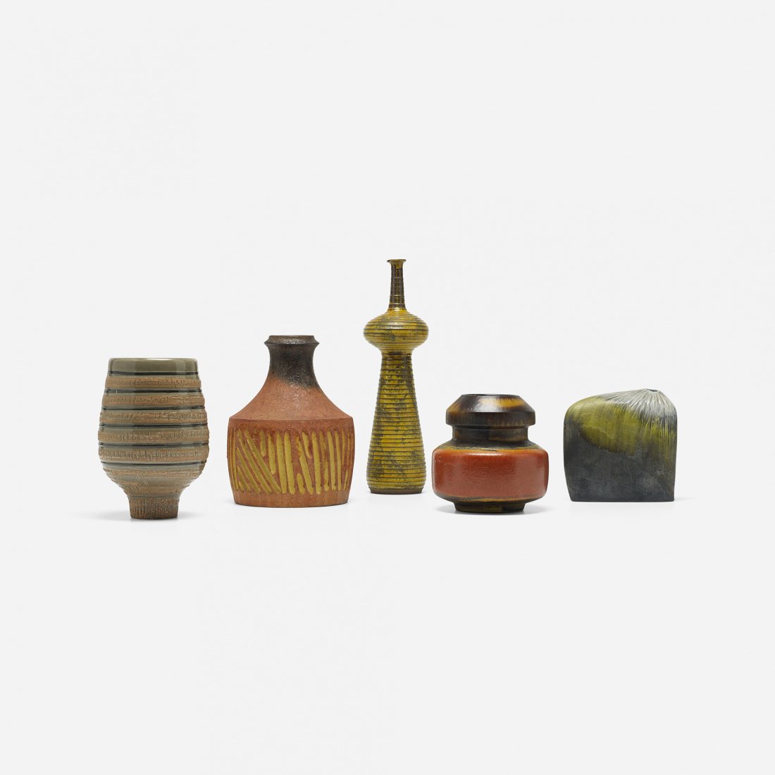 Marcello Fantoni and Raymor collection of five vases: Marcello Fantoni and Raymor collection of five vases Italy, c. 1950 glazed stoneware, glazed earthenware 4.75 dia x 17.25 h inches Glazed signature to underside of two examples: [Fantoni Italy for Ray