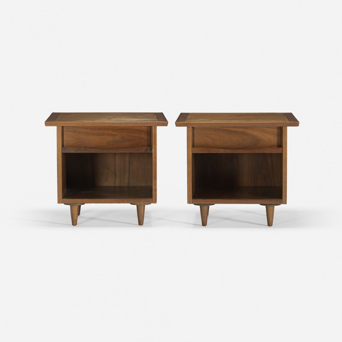 George Nakashima nightstands, pair: George Nakashima nightstands, pair Widdicomb USA, 1959 American black walnut 22 w x 20 d x 19.5 h inches Each nightstand features a single drawer. Signed with branded manufacturer's mark to underside 
