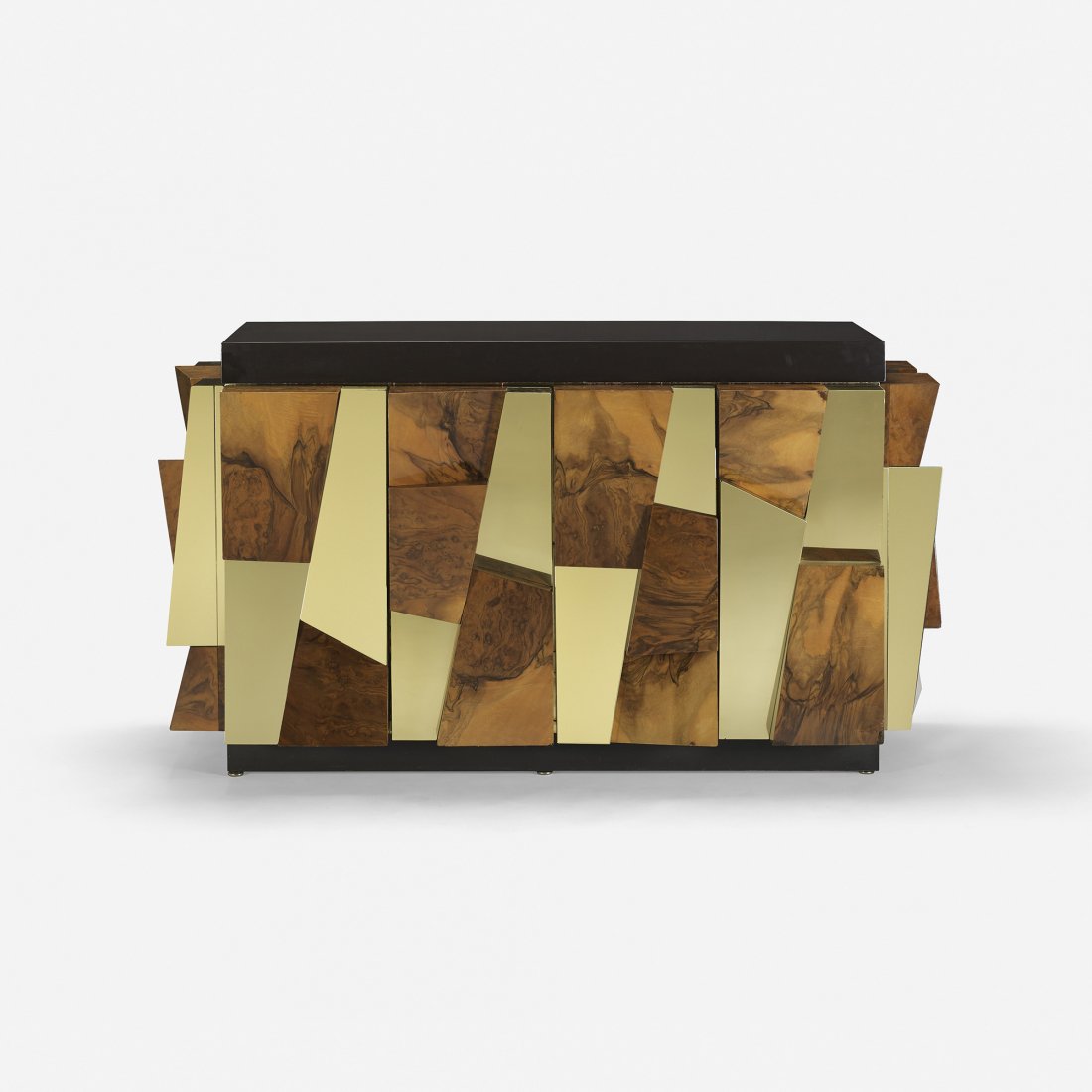 Paul Evans Faceted cabinet: Paul Evans Faceted cabinet Paul Evans Studio for Directional USA, c. 1965 maple burl, brass, lacquered fiberglass 59 w x 24 d x 32.5 h inches Cabinet features two bi-fold doors concealing one adjustab