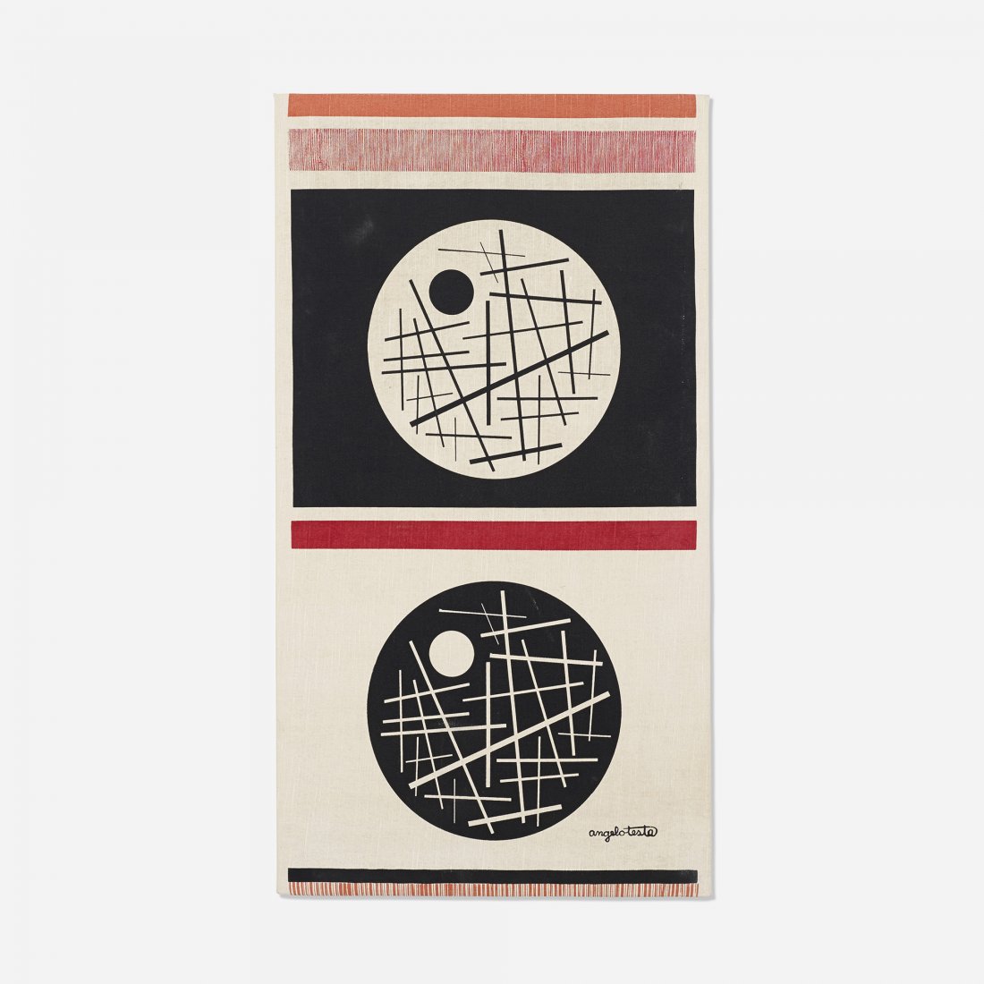 Angelo Testa Lines in Circle: Angelo Testa Lines in Circle USA, 1972 screenprint on linen 46.5 h x 25.25 w inches Printed signature to lower right: [Angelo Testa]. Provenance: Collection of Edgar Bartolucci