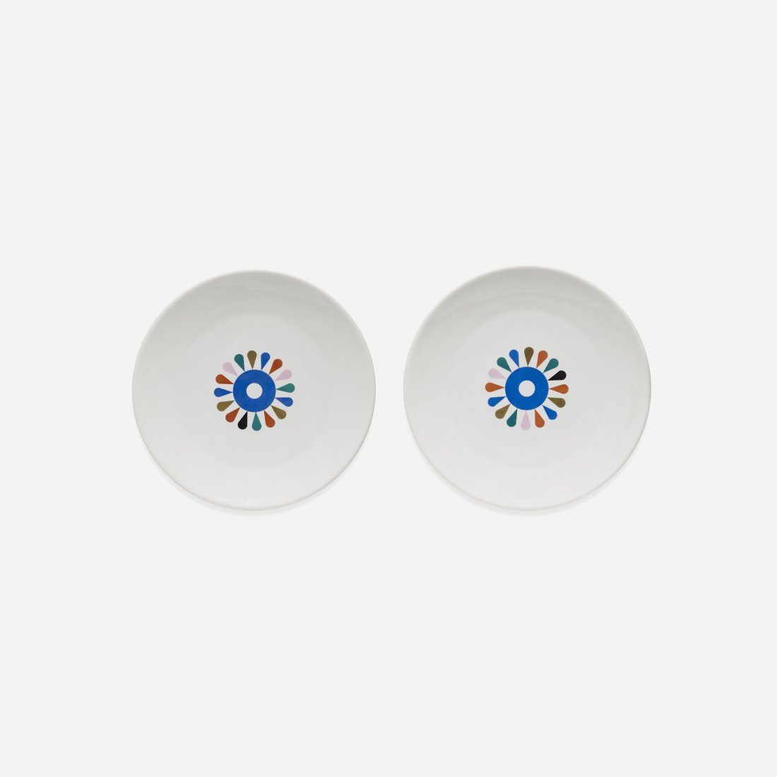 Alexander Girard Carolus Magnus plates, pair: Alexander Girard Carolus Magnus plates, pair Hutschenreuther for Georg Jensen USA, c. 1956 porcelain with applied decoration 12.75 dia x 1.25 h inches Signed with stamped manufacturer's mark to unders