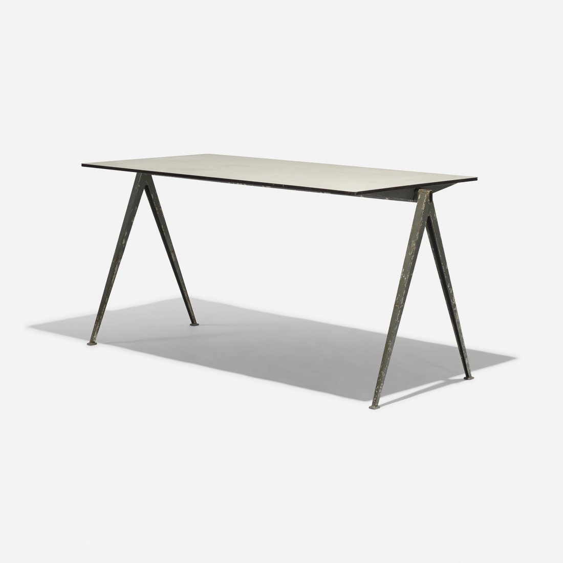 Wim Rietveld Pyramid work table: Wim Rietveld Pyramid work table Ahrend The Netherlands, 1959 laminate over pressboard, enameled steel, plastic 58.5 w x 27.5 d x 29 h inches Signed with impressed manufacturer's mark to leg: [Ahrend C