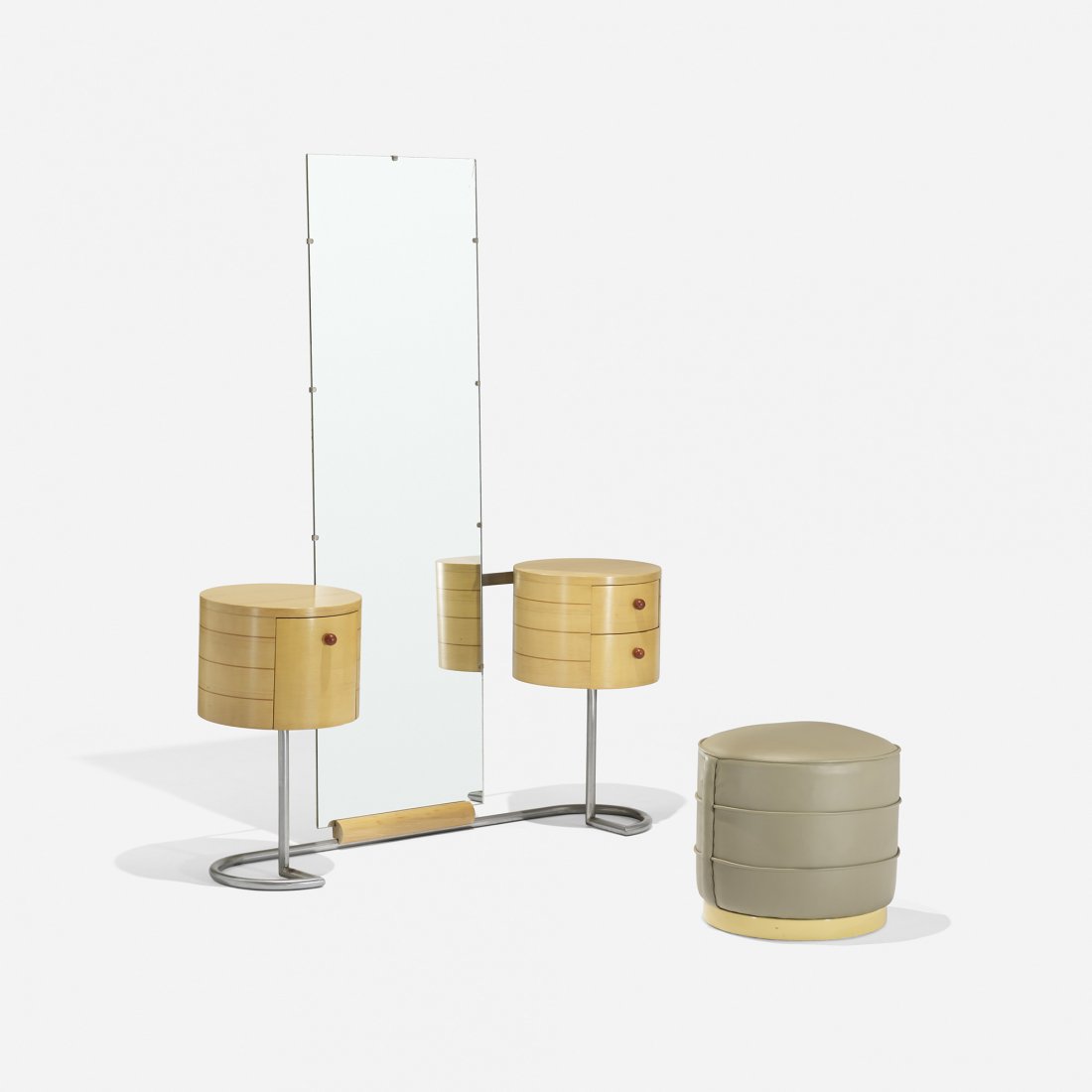 Gilbert Rohde vanity and stool, model 3323: Gilbert Rohde vanity and stool, model 3323 Herman Miller USA, 1933 white holly, peroba, yellow poplar, Bakelite, mirrored glass, chrome-plated steel, upholstery 51.5 w x 16 d x 64 h inches Stool measu