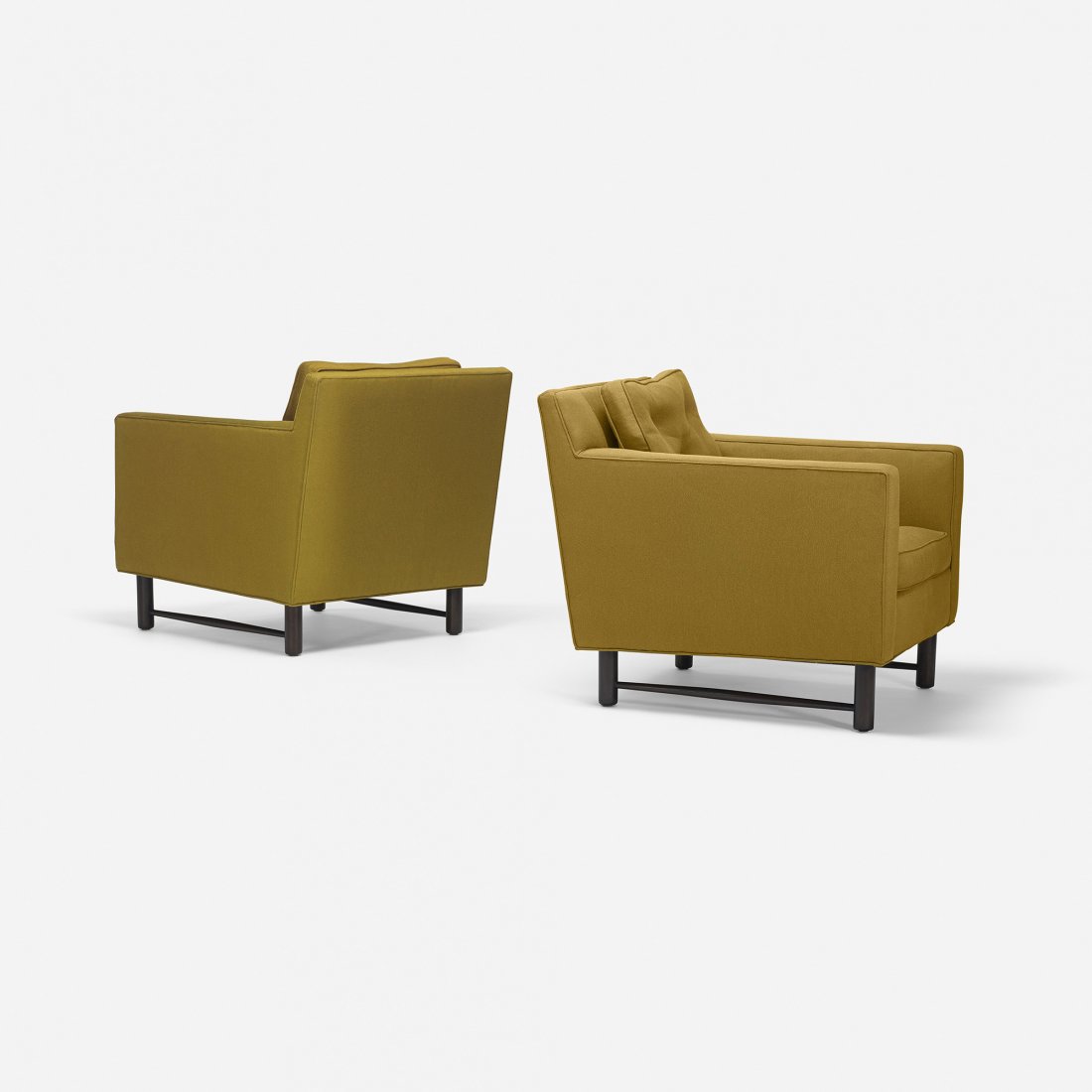 Edward Wormley lounge chairs, pair: Edward Wormley lounge chairs, pair Dunbar USA, c. 1960 upholstery, lacquered mahogany 28 w x 32 d x 32 h inches Signed with printed manufacturer's mark to decking of each example: [Dunbar].