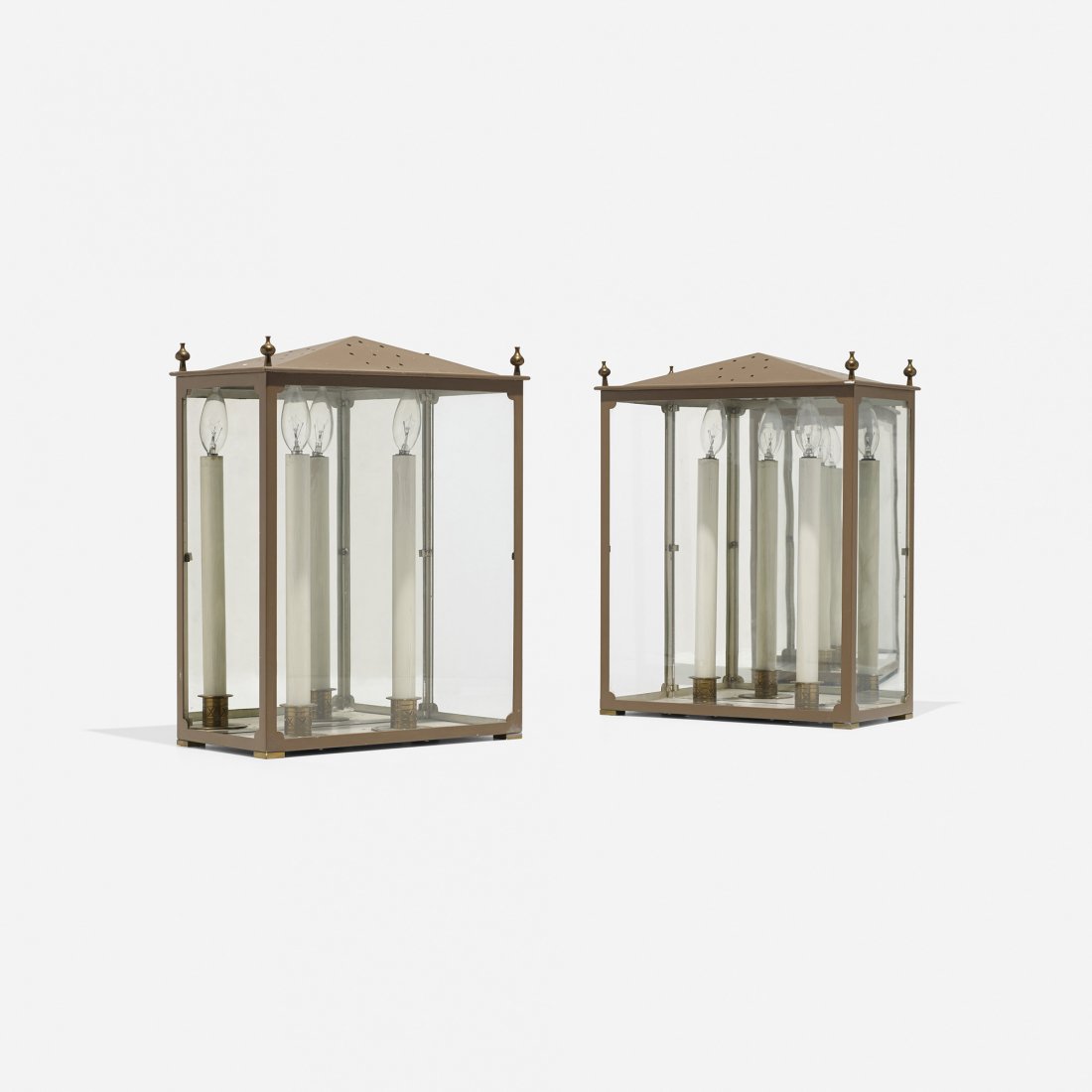Tommi Parzinger pair of custom lanterns: Tommi Parzinger pair of custom lanterns from the Appleman Comission Parzinger Originals USA, 1956 lacquered brass, glass, mirrored glass, enameled aluminum, brass 13.5 w x 7.25 d x 17 h inches Provena