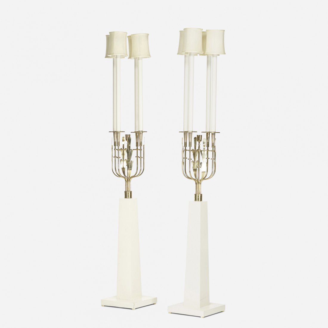 Tommi Parzinger pair of custom floor lamp: Tommi Parzinger pair of custom floor lamps from the Appleman Commission Parzinger Originals USA, 1956 lacquered wood, brass, enameled aluminum, silk 13.75 w x 73.5 h inches Provenance: Nathan and Jane