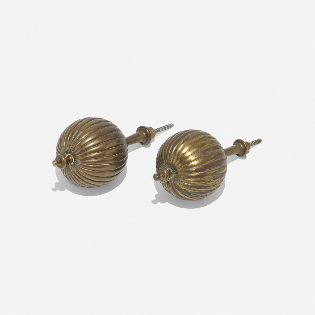 Tommi Parzinger pair of custom finials: Tommi Parzinger pair of custom finials from the Appleman Commission Parzinger Originals USA, 1956 brass 3 dia x 6 h inches Provenance: Nathan and Janet Appleman, Ocean, NJ | Acquired by the present ow