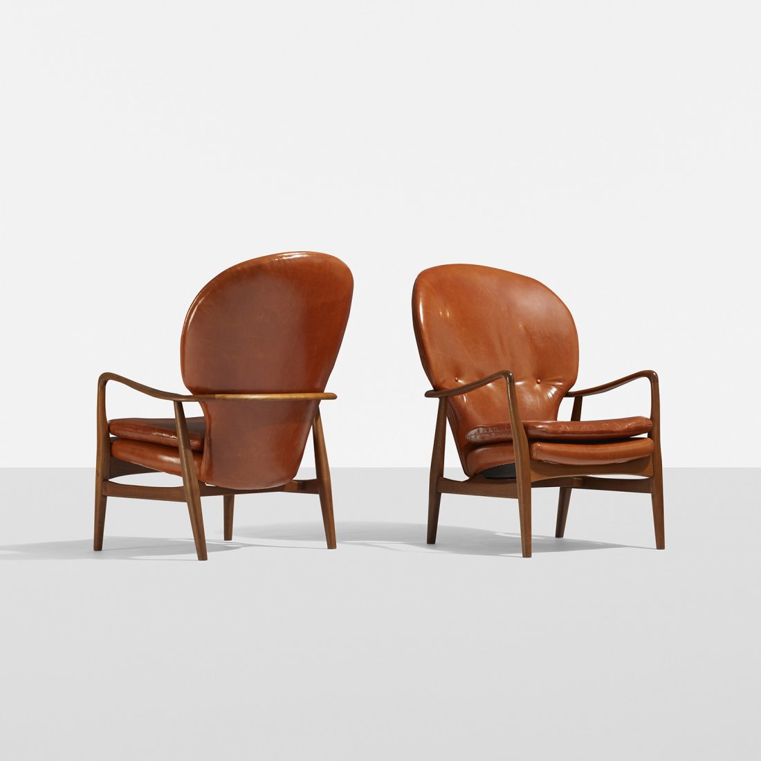 Arne Vodder, attribution lounge chairs, pair: Arne Vodder, attribution lounge chairs, pair Denmark, c. 1950 teak, leather 26.5 w x 32.5 d x 39 h inches