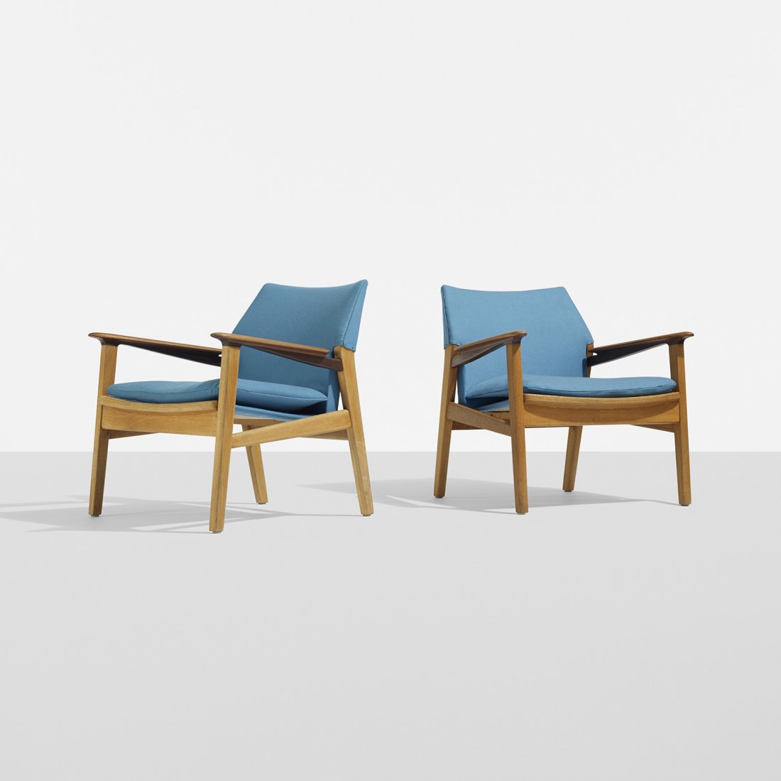 Hans Olsen lounge chairs, pair: Hans Olsen lounge chairs, pair Verner Birksholm Denmark, 1955 oak, teak, rosewood, upholstery 28 w x 27 d x 28.75 h inches