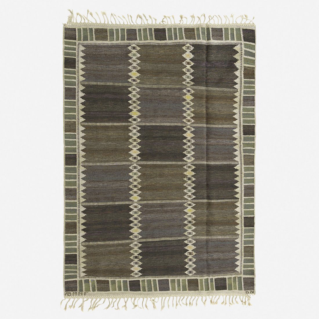 Barbro Nilsson Salerno flatweave carpet: Barbro Nilsson Salerno flatweave carpet Märta Måås-Fjetterström AB Sweden, 1948 hand-woven wool 82.5 w x 58.5 l inches Woven signature to edge: [AB MMF BN].