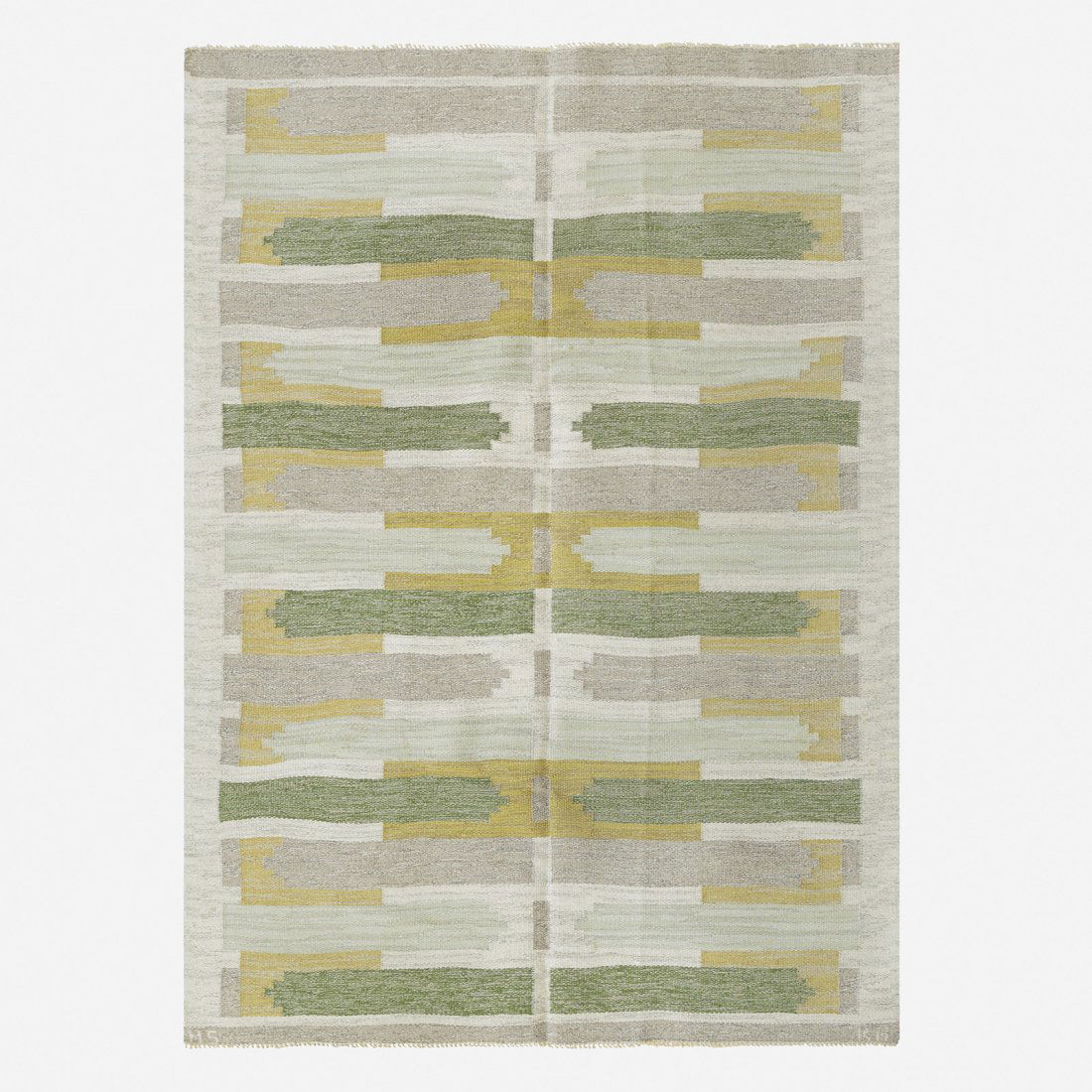 Maj Svanstrom flatweave carpet: Maj Svanstrom flatweave carpet Sweden, c. 1940 hand-woven wool 60 w x 87 l inches Woven signature to edge: [MS KH].