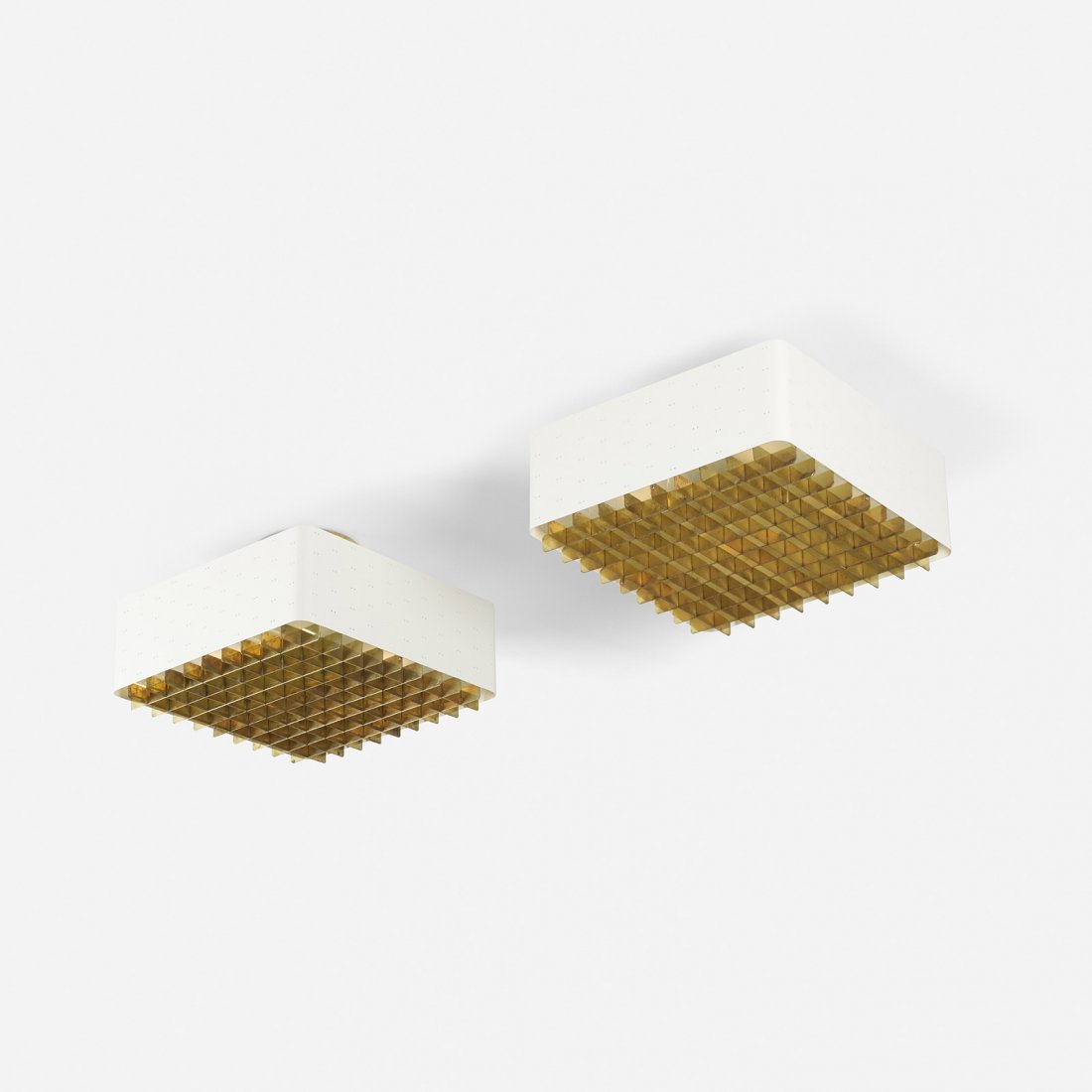 Paavo Tynell ceiling lights model 9068, pair: Paavo Tynell ceiling lights model 9068, pair Idman Finland, c. 1950 enameled steel, brass, frosted glass 15.75 w x 15.75 d x 9 h inches Literature: Idman, manufacturer's catalog, unpaginated
