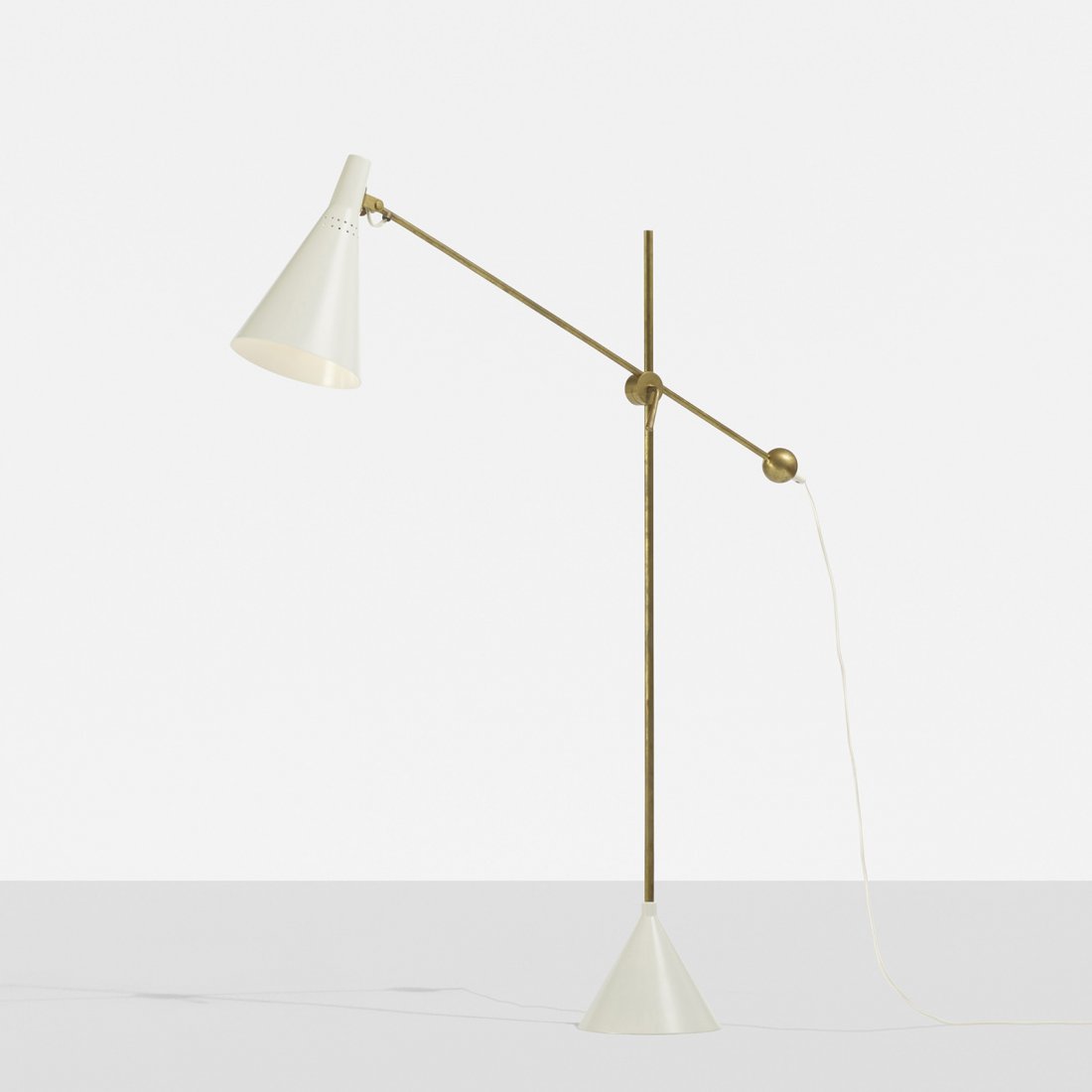 Tapio Wirkkala floor lamp, model K10-11: Tapio Wirkkala floor lamp, model K10-11 Idman Finland, 1958 enameled aluminum, brass, enameled steel 34 w x 7 d x 50 h inches Signed with impressed manufacturer's mark to stem: [Idman]. Literature: Ta