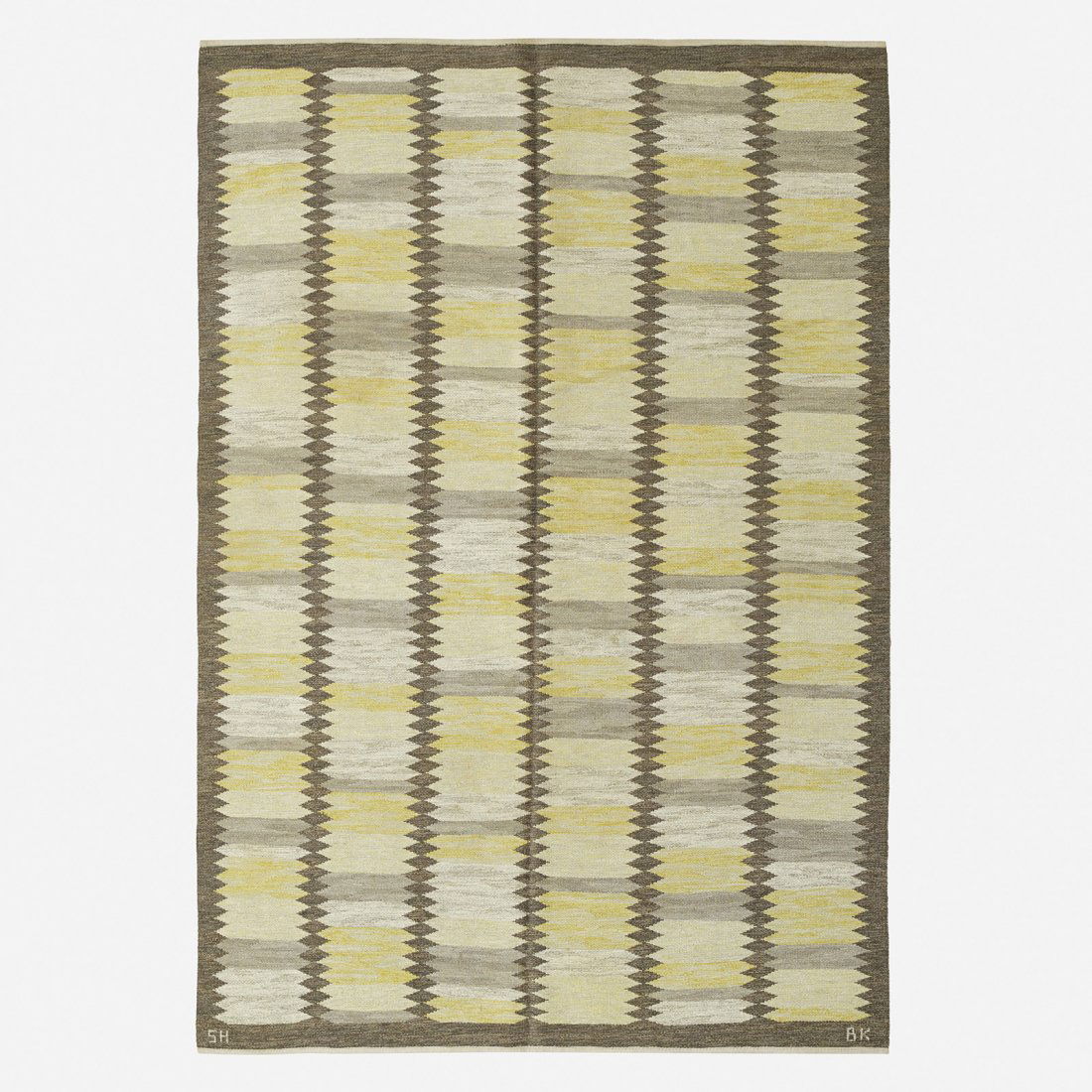Berit Koenig flatweave carpet: Berit Koenig flatweave carpet Svensk Hemslöjd Sweden, c. 1955 hand-woven wool 82.75 w x 114 l inches Woven signature to edge: [SH BK].