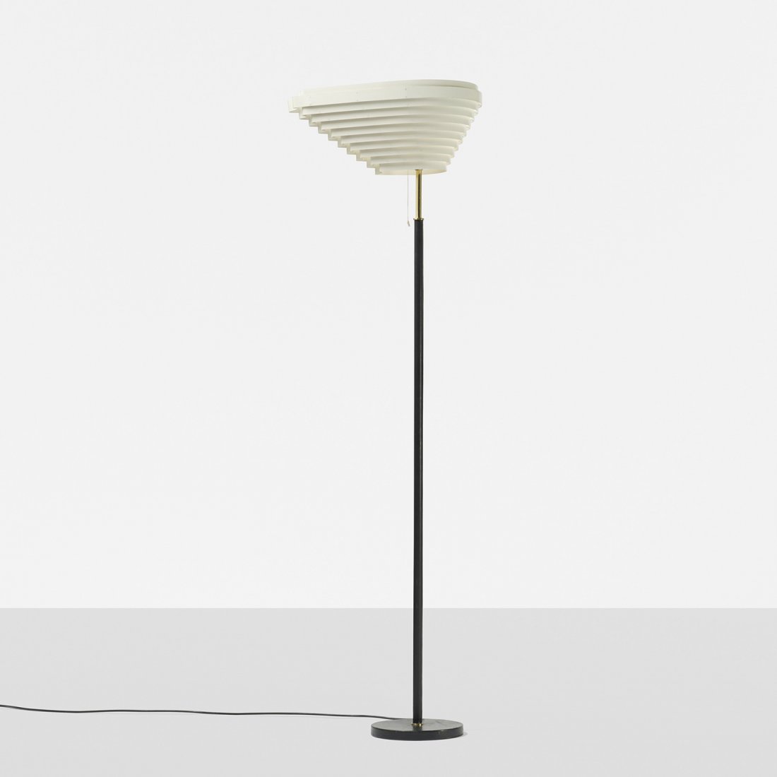 Alvar Aalto Angel Wing floor lamp, model 805: Alvar Aalto Angel Wing floor lamp, model 805 Valaistustyö Ky Finland, c. 1955/c. 1975 enameled steel, leather, brass 21 w x 13.5 d x 68.5 h inches Signed with decal manufacturer's label to shade: [Va