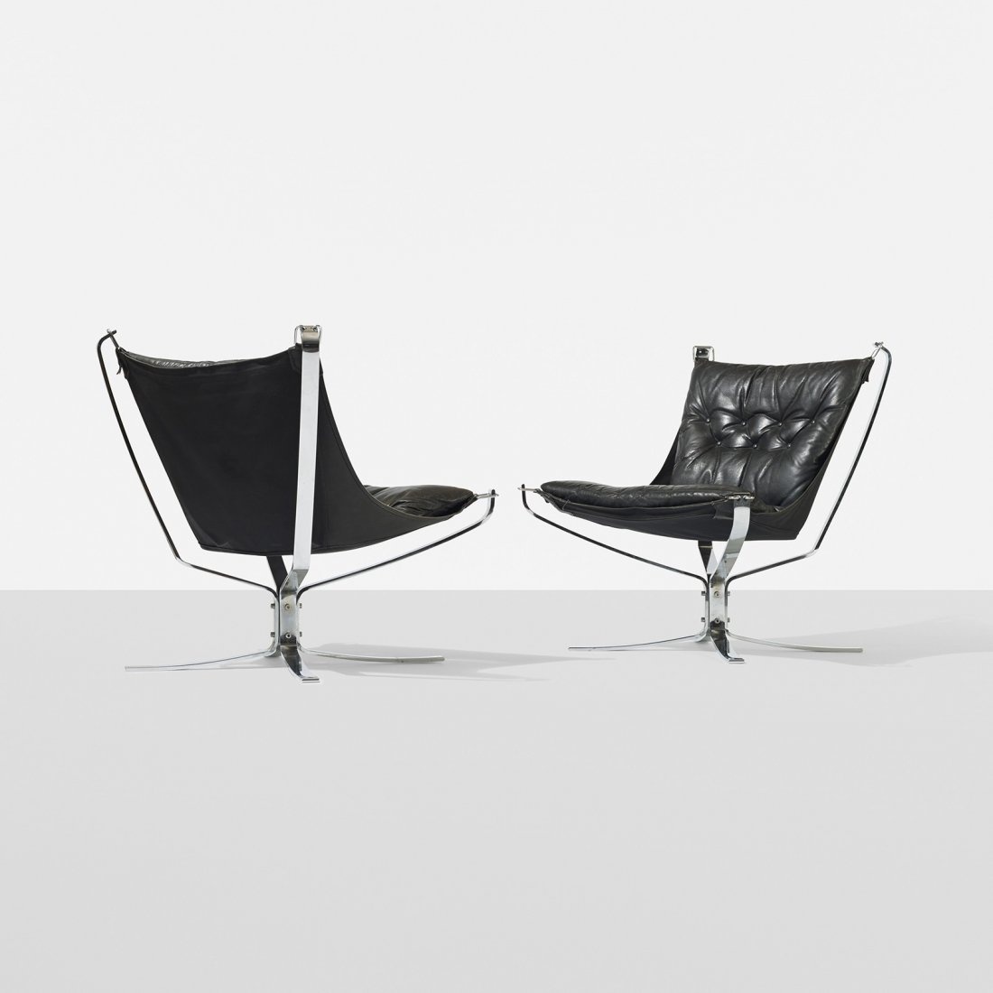 Sigurd Resell Falcon chairs, pair: Sigurd Resell Falcon chairs, pair Vatne Lenestolfabrikk Norway, 1971 leather, chrome-plated steel 30.5 w x 28.5 d x 32.25 h inches Literature: Norwegian Icons: Important Norwegian Designs From the Era