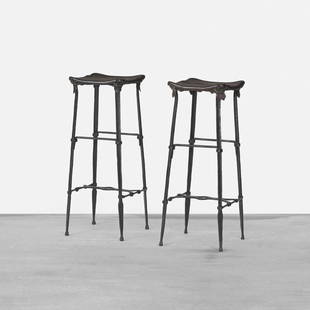 Sido and Francois Thevenin Ups stools, pair: Sido and François Thevenin Ups stools, pair Sawaya & Moroni France, 1984 wrought iron, leather, brass 14 w x 13.25 d x 34 h inches Signed with applied foil manufacturer's label to each example: [Sawa