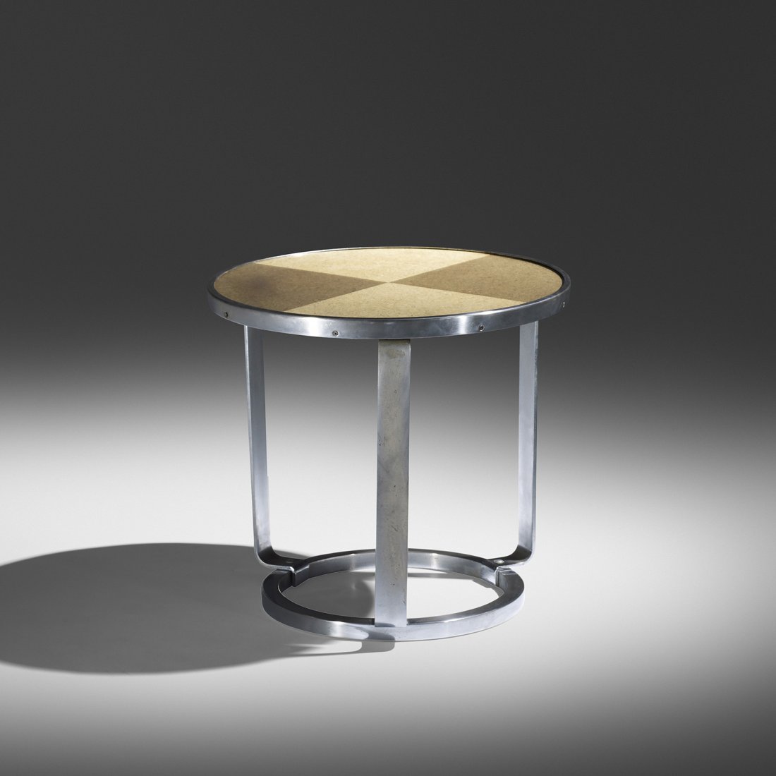 Gilbert Rohde rare occasional table: Gilbert Rohde rare occasional table Troy Sunshade Company USA, c. 1935 chrome-plated steel, cork, glass 20.25 dia x 18.75 h inches Signed with decal manufacturer's label to underside: [Made by Troy Su
