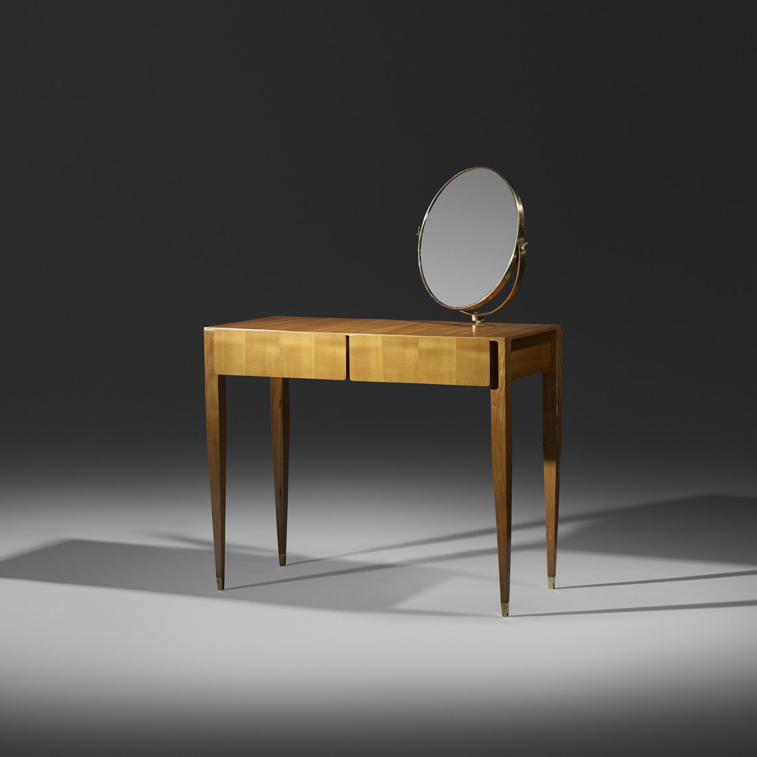 Gio Ponti vanity from the Royal Hotel, Naples: Gio Ponti vanity from the Royal Hotel, Naples Giordano Chisea Italy, 1953 ash, mirrored glass, brass 37 w x 18 d x 48.5 h inches Vanity features two drawers. Literature: Gio Ponti: l'Arte Si Innamora
