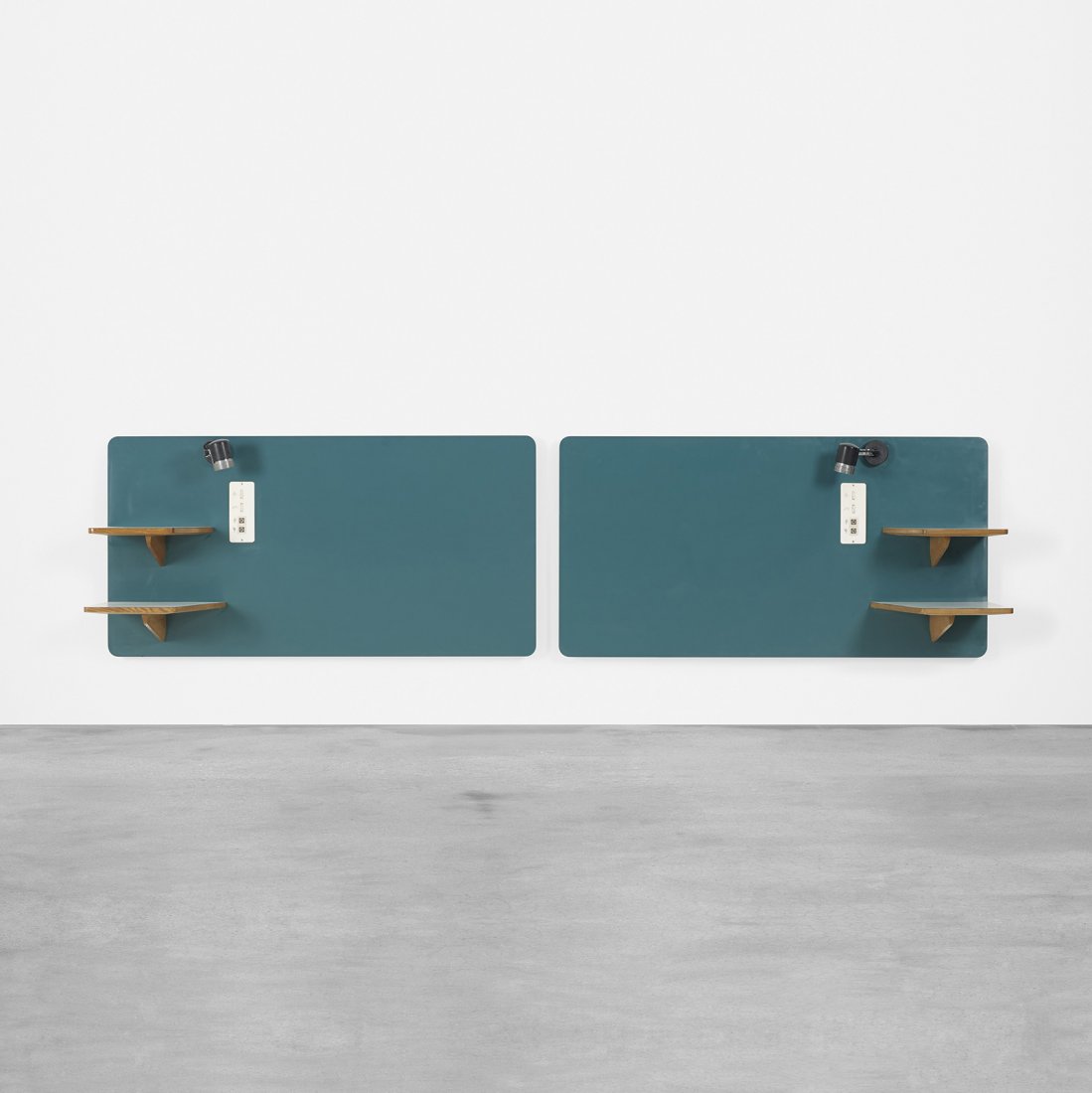 Gio Ponti headboards from Hotel Parco dei Principi: Gio Ponti pair of headboards from the Hotel Parco dei Principi, Rome Giordano Chiesa Italy, 1964 laminate, ash, enameled aluminum, plastic 57.5 w x 18 d x 29.5 h inches Literature: Gio Ponti: L'Arte S