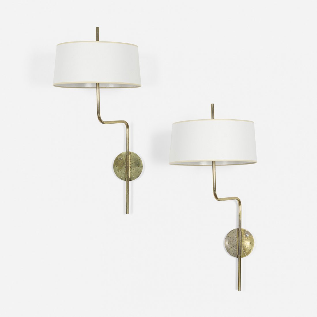 Tommi Parzinger sconces, pair: Tommi Parzinger sconces, pair Parzinger Originals USA, c. 1955 brass, parchment, enameled aluminum 14 w x 17.25 d x 30.5 h inches Provenance: Jean and Roger Grossman, Chappaqua, NY