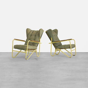 Pierre Guariche rare Prefacto lounge chairs, pair: Pierre Guariche rare Prefacto lounge chairs, pair Airborne International France, 1950 enameled steel, oak, upholstery 30 w x 38 d x 35.75 h inches Literature: Les Décorateurs des Années 50, Favardin