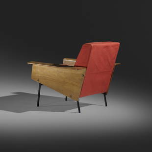 Pierre Guariche G10 lounge chair: Pierre Guariche G10 lounge chair Airborne International France, 1954 ash plywood, upholstery, enameled steel, brass 33 w x 32 d x 28.75 h inches Signed with decal manufacturer's label to underside: [M