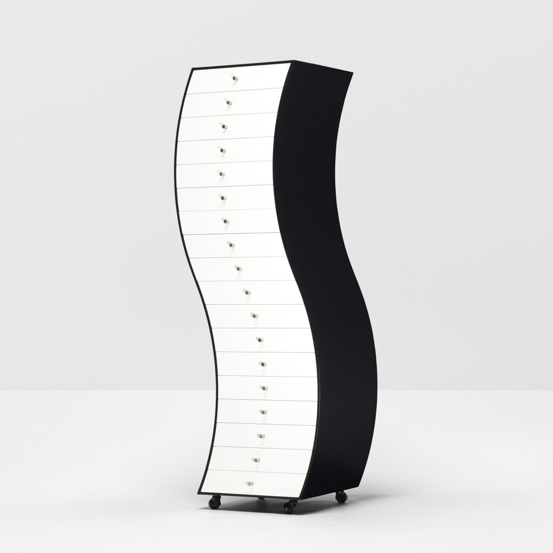 Shiro Kuramata Furniture in Irregular Forms, Side 1: Shiro Kuramata Furniture in Irregular Forms, Side 1 Cappellini Japan, 1970 lacquered oak, lacquered wood, aluminum, chrome-plated steel, plastic 67 h x 23 w inches Literature: The Work of Shiro Kurama