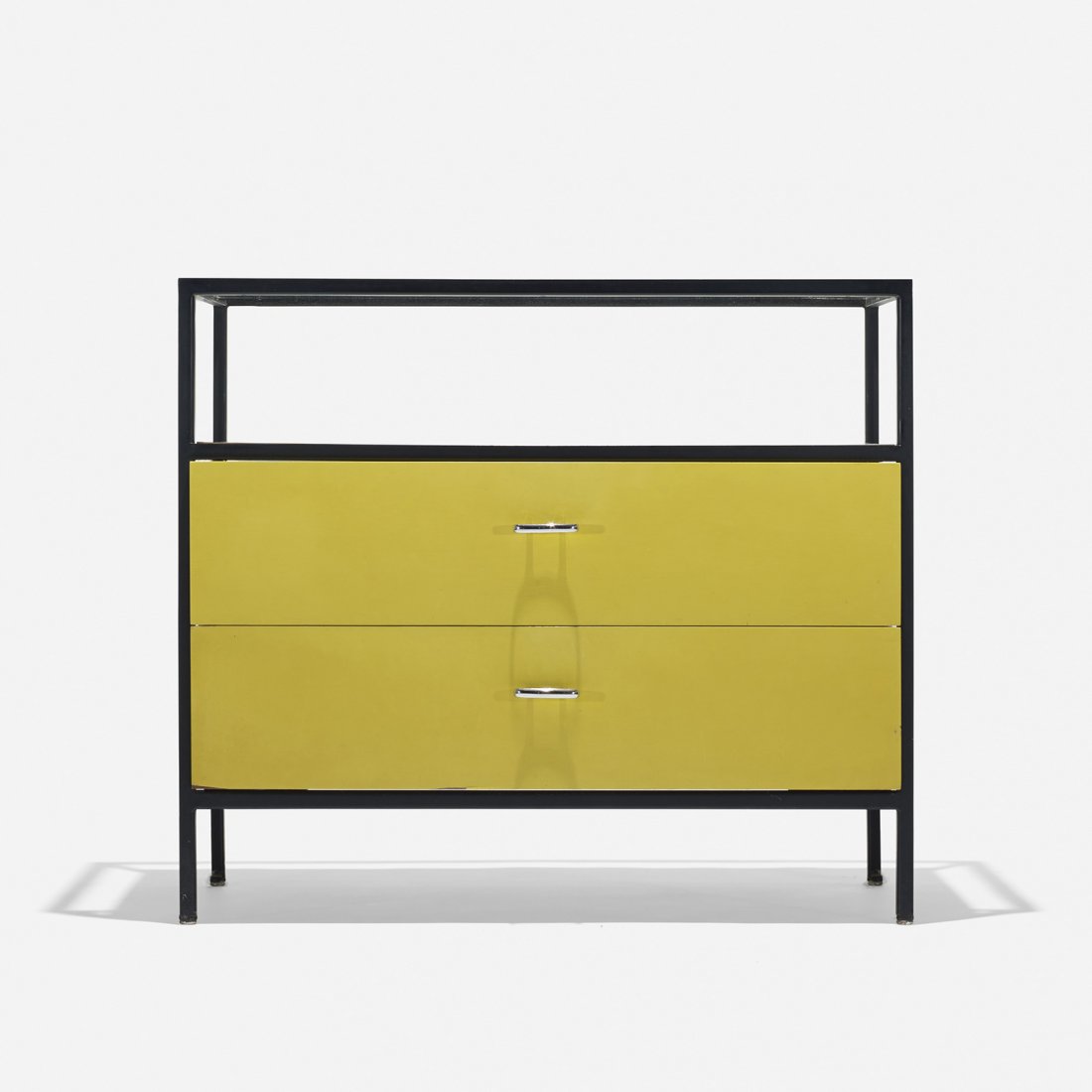George Nelson & Associates Steelframe cabinet: George Nelson & Associates Steelframe cabinet Herman Miller USA, 1950 enameled steel, lacquered wood, glass, laminate, chrome-plated aluminum 33.5 w x 18.5 d x 29.5 h inches Cabinet features two drawe