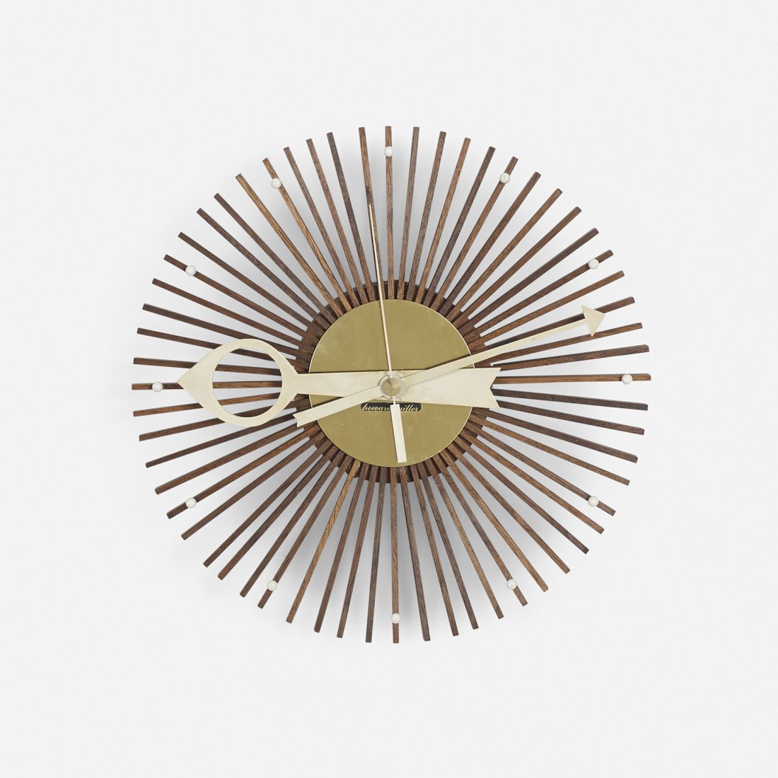 George Nelson & Associates Popsicle wall clock: George Nelson & Associates Popsicle wall clock, model 2257 Howard Miller Clock Company USA, 1957 walnut, brass, enameled aluminum 11 dia x 31 h inches Signed with decal manufacturer's label to face: [