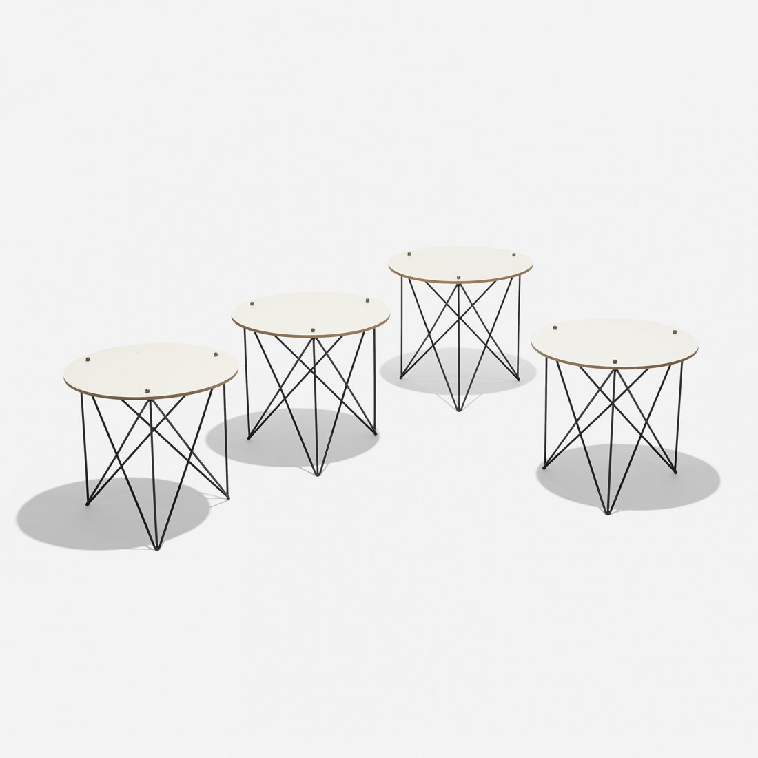 American occasional tables, set of four: American occasional tables, set of four c. 1950 laminate over pressboard, enameled steel, brass 14.5 dia x 13.75 h inches