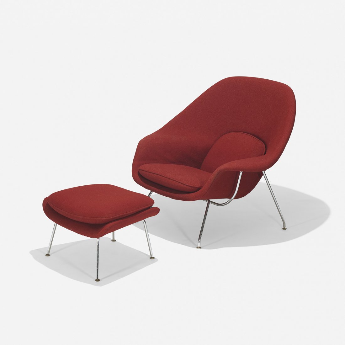 Eero Saarinen Womb chair and ottoman: Eero Saarinen Womb chair and ottoman Knoll International USA, 1946/c. 1970 polyester, upholstery, chrome-plated steel, foam 40 w x 31.5 d x 35.25 h inches Ottoman measures: 24.5 w x 19 d x 14 h inches