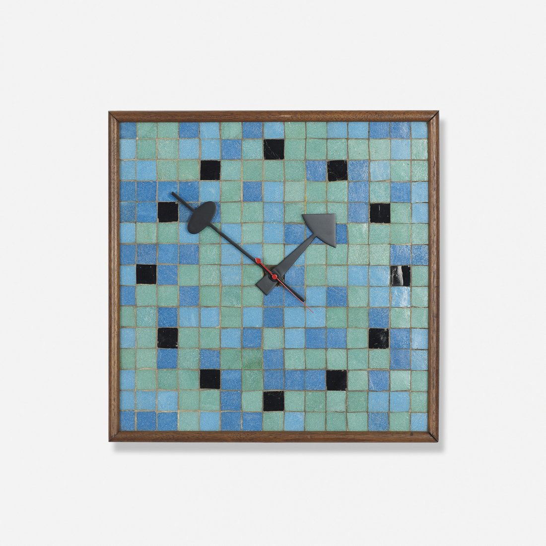 George Nelson & Associates Tile wall clock, model 2232: George Nelson & Associates Tile wall clock, model 2232 Howard Miller Clock Company USA, 1957 walnut, glass and ceramic tiles, enameled aluminum 13.25 w x 3 d x 13.25 h inches Signed with applied manuf