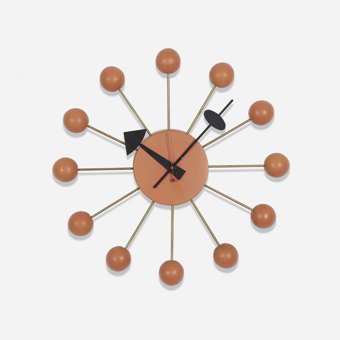 George Nelson & Associates Ball wall clock, model 4755: George Nelson & Associates Ball wall clock, model 4755 Howard Miller Clock Company USA, 1949 lacquered wood, enameled steel, enameled aluminum 13.5 dia x 35 h inches Signed with partial decal manufact