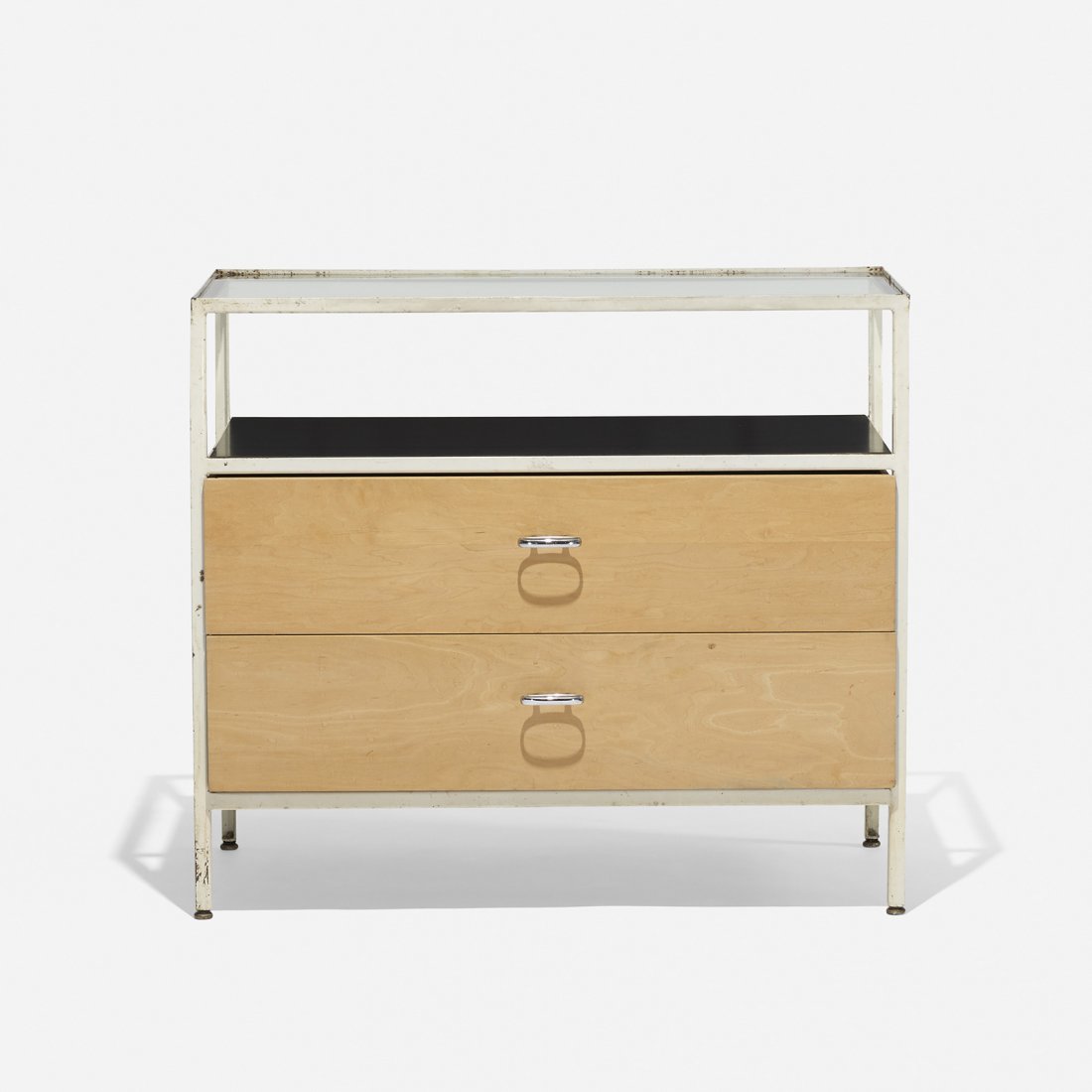 George Nelson & Associates Steelframe cabinet: George Nelson & Associates Steelframe cabinet Herman Miller USA, 1950 birch, enameled steel, laminate, glass, aluminum 33.5 w x 18.5 d x 29.5 h inches Cabinet features two drawers. Literature: George