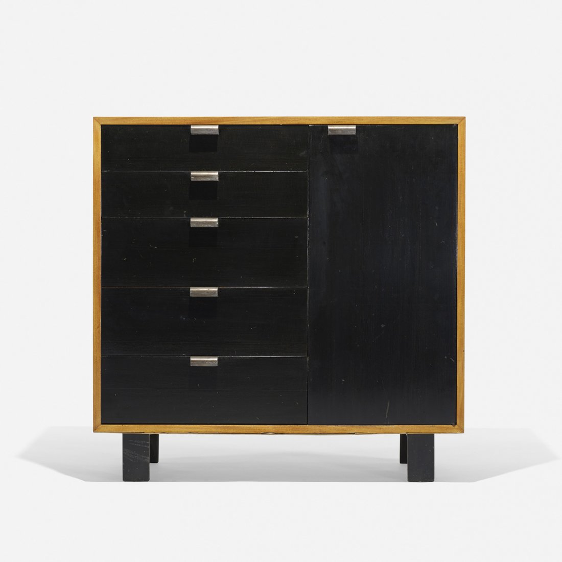 George Nelson & Associates cabinet, model 4621: George Nelson & Associates cabinet, model 4621 Herman Miller USA, 1946 maple, lacquered wood, matte chrome-plated steel 40 w x 19.5 d x 39.5 h inches Cabinet features five drawers and one door conceal