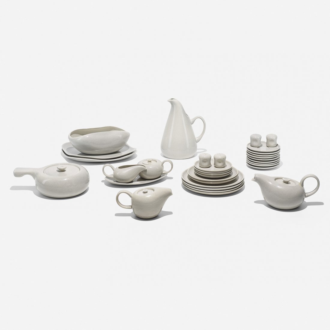 Russel Wright American Modern ceramic collection: Russel Wright American Modern ceramic collection Steubenville Pottery USA, 1939 glazed stoneware 8 w x 6.25 d x 10.5 h inches Set includes: nine saucers, four dinner plates, two medium plates, four sm