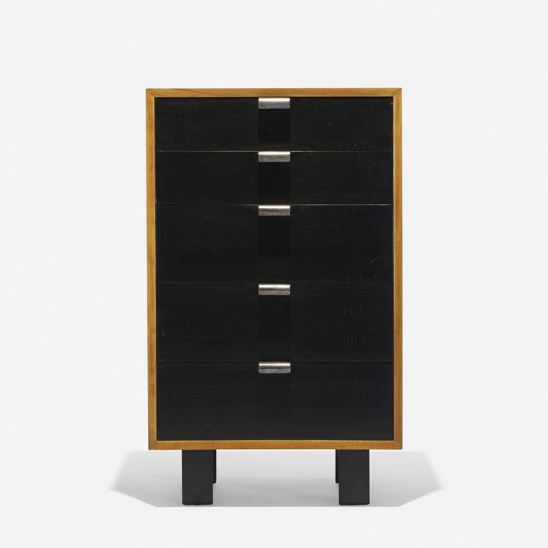 George Nelson & Associates cabinet, model 4610: George Nelson & Associates cabinet, model 4610 Herman Miller USA, 1946 walnut, lacquered wood, matte chrome-plated brass 24 w x 19.5 d x 39.75 h inches Cabinet features five drawers. Signed with appli