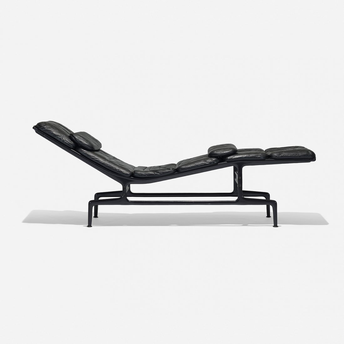 Charles and Ray Eames Billy Wilder chaise: Charles and Ray Eames Billy Wilder chaise Herman Miller USA, 1968 leather, enameled aluminum, plastic 76 w x 17 d x 28.5 h inches Signed with decal manufacturer's label to underside: [Herman Miller].