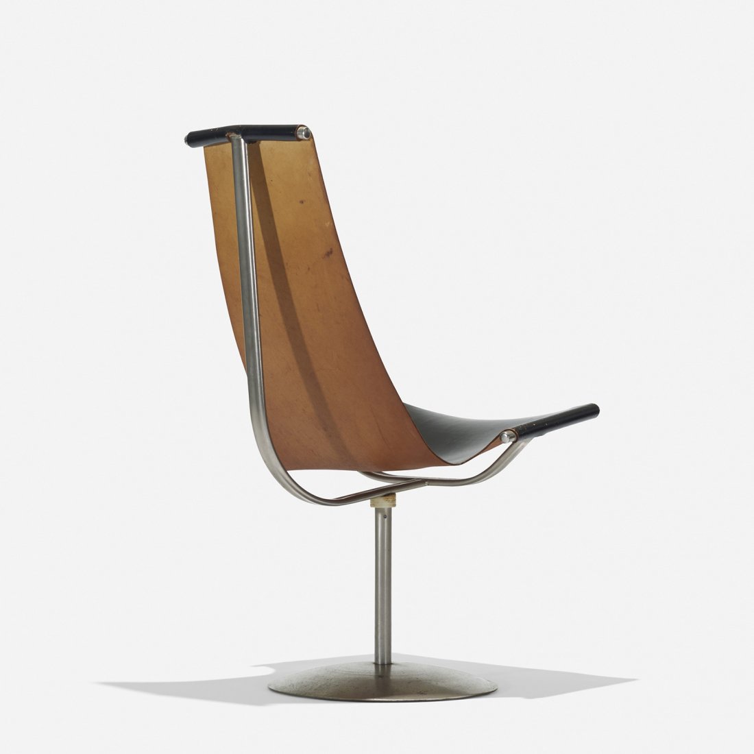 In the manner of Katavolos, Littell and Kelley chair: In the manner of William Katavolos, Ross Littell and Douglas Kelley sling chair USA, c. 1960 nickel-plated steel, leather, plastic 22 w x 23 d x 36.5 h inches