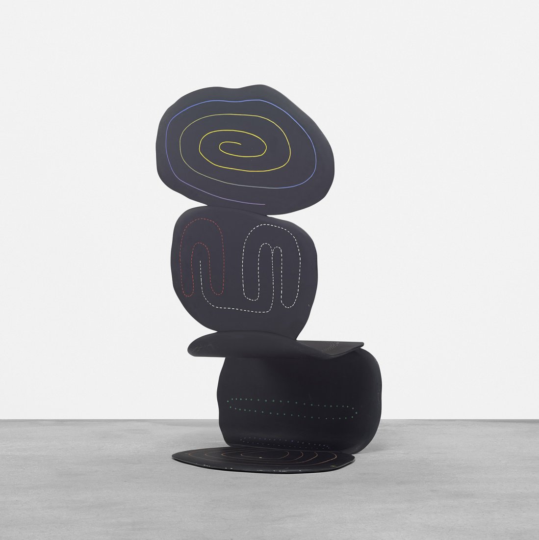 Alan Siegel Zen Garden chair: Alan Siegel Zen Garden chair 1984 carved and painted wood with incised and hand-painted decoration 56 h x 28.5 w inches Incised signature and date to underside 'Siegel 1984'. Provenance: Nancy Hoffman