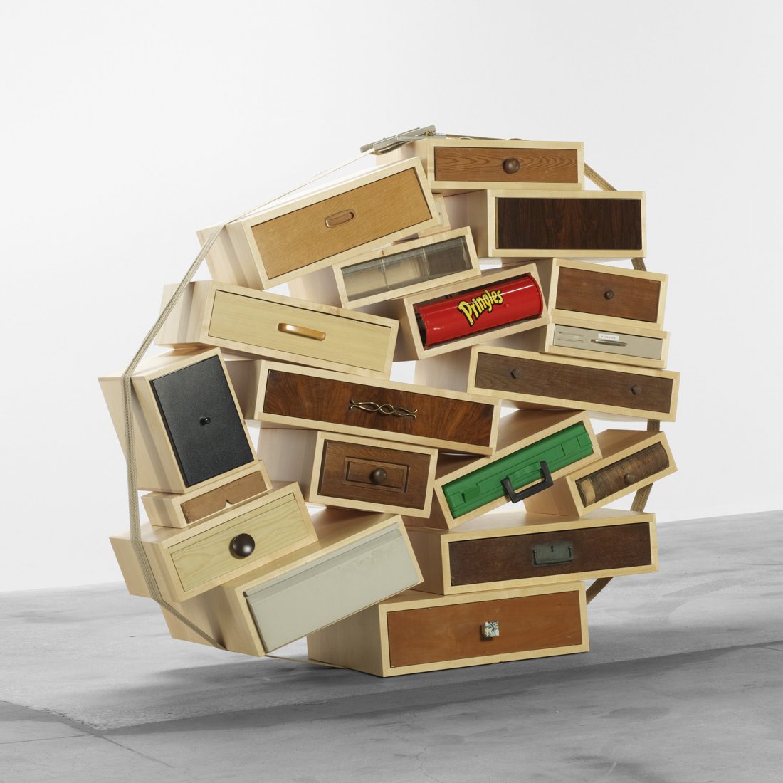 Tejo Remy You Can't Lay Down Your Memories: Tejo Remy You Can't Lay Down Your Memories Droog The Netherlands, c. 1991 vintage drawers, maple, jute, steel 57 w x 24 d x 52 h inches Measurements are approximate and vary with installation. Signed