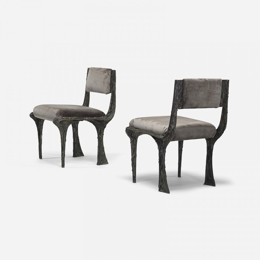 Paul Evans custom Sculpted Metal chairs, pair: Paul Evans custom Sculpted Metal chairs, pair Paul Evans Studio USA, c. 1970 bronze resin over steel, upholstery 21 w x 23.75 d x 32.25 h inches