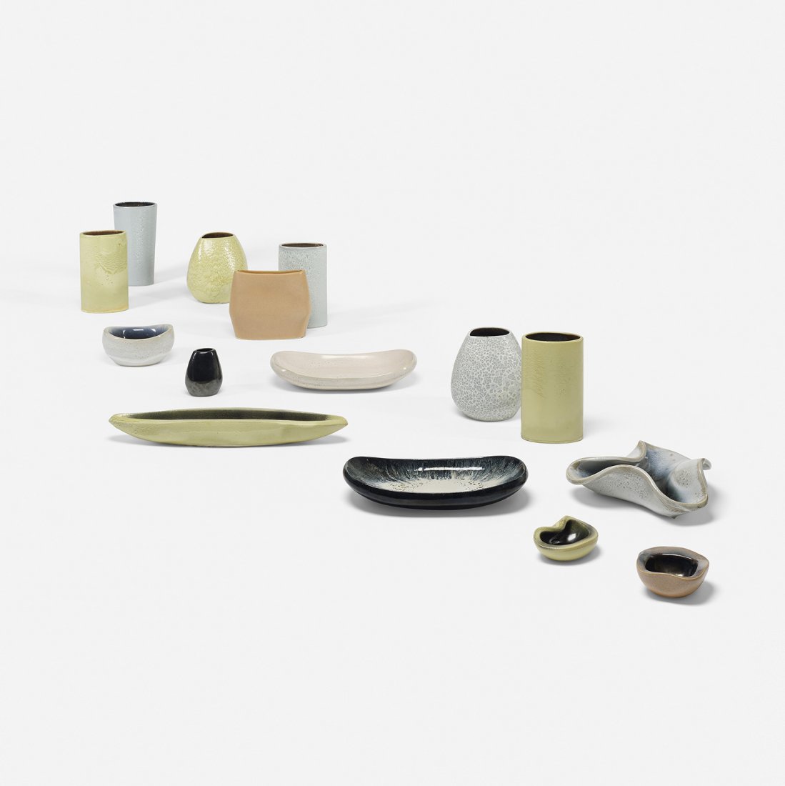 Russel Wright collection of fifteen vessels: Russel Wright collection of fifteen vessels Bauer USA, 1945 glazed stoneware 6.25 w x 4.75 d x 11.5 h inches Impressed signature to underside of ten examples: [Russel Wright Bauer]. Literature: Collec