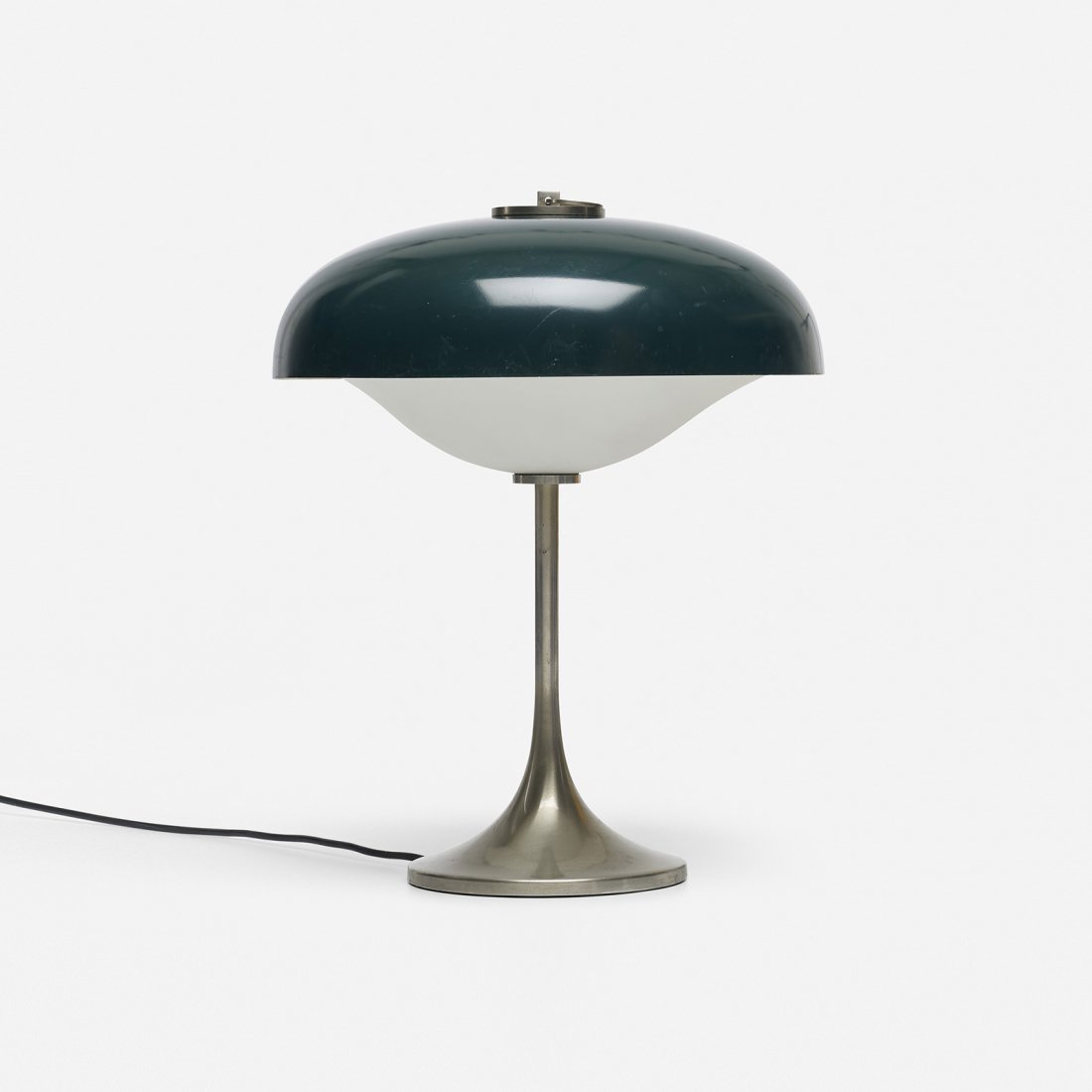 Angelo Lelli table lamp: Angelo Lelli table lamp Arredoluce Italy, c. 1955 enameled aluminum, nickel-plated aluminum, frosted glass 12 dia x 15.5 h inches Signed with applied manufacturer's label to underside: [Made in Italy